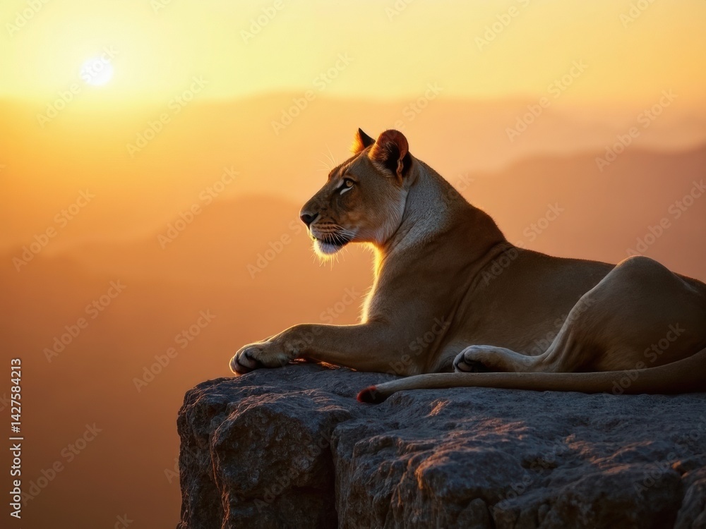 A lioness relaxes on a rocky ledge, her intense gaze focused on the horizon as the warm glow of dawn illuminates the landscape around her.