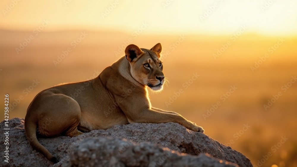 A lioness reclines on a rocky perch, her intense gaze focused on the distant horizon as dawn casts a golden glow over the vast landscape.