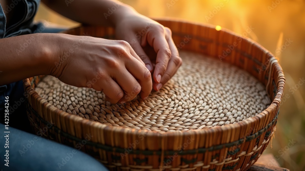 Close-up view of skilled hands meticulously weaving a traditional basket at sunset. The intricate patterns stand out against the natural light, showcasing craftsmanship.