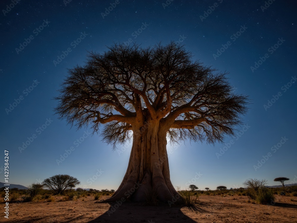A majestic baobab tree stands with its massive trunk glowing under moonlight in an arid landscape, surrounded by a starry sky, creating a tranquil nighttime ambiance.