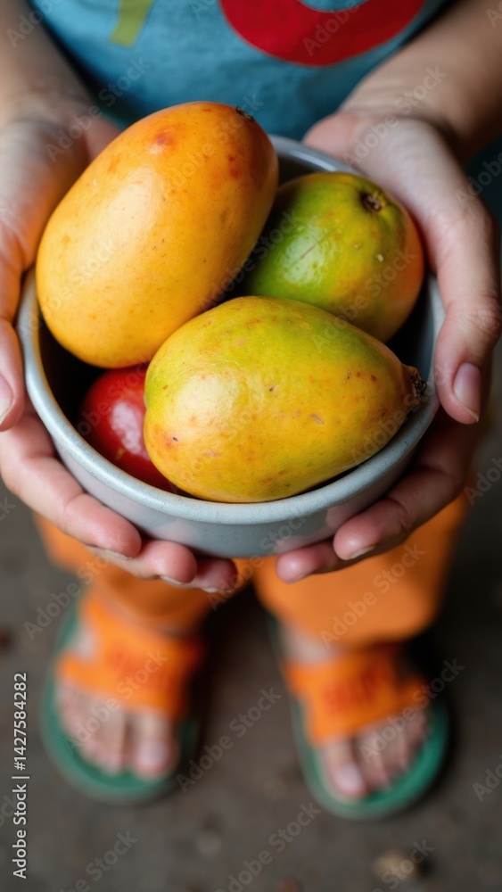 A child holds a bowl of vibrant mangoes and papayas, celebrating fresh fruit and healthy eating in a cozy kitchen setting.