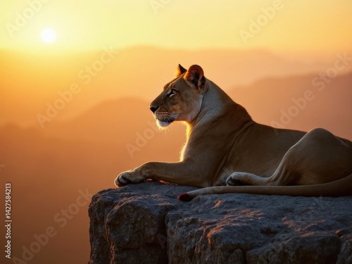 Obraz na płótnie A lioness relaxes on a rocky ledge, her intense gaze focused on the horizon as the warm glow of dawn illuminates the landscape around her. w salonie