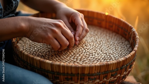 Obraz na płótnie Close-up view of skilled hands meticulously weaving a traditional basket at sunset. The intricate patterns stand out against the natural light, showcasing craftsmanship. w salonie