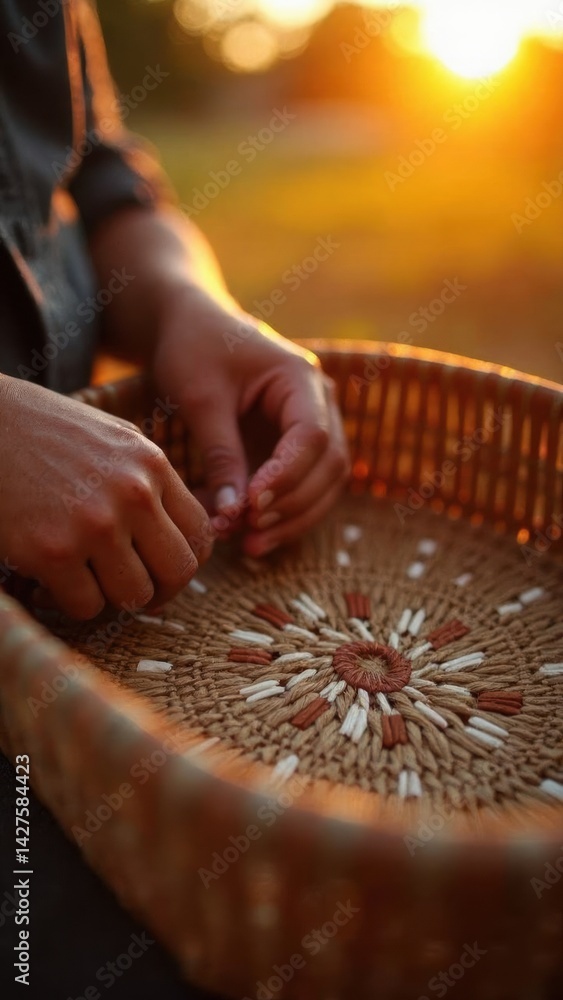 Close up of hands skillfully weaving a basket, showcasing intricate patterns illuminated by the warm glow of the setting sun in a natural environment.