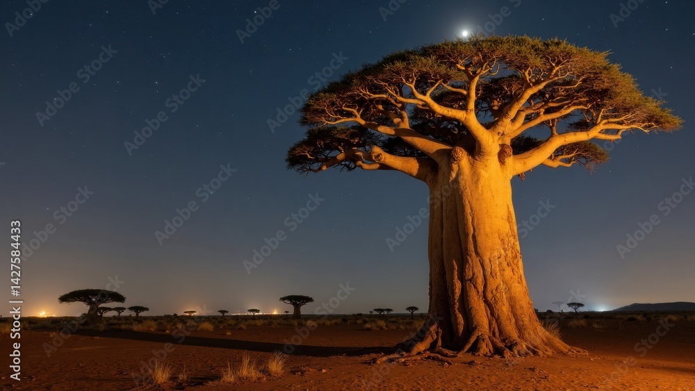 A majestic baobab tree stands prominently in the arid landscape, its massive trunk glowing under the moonlight as stars illuminate the dark sky.