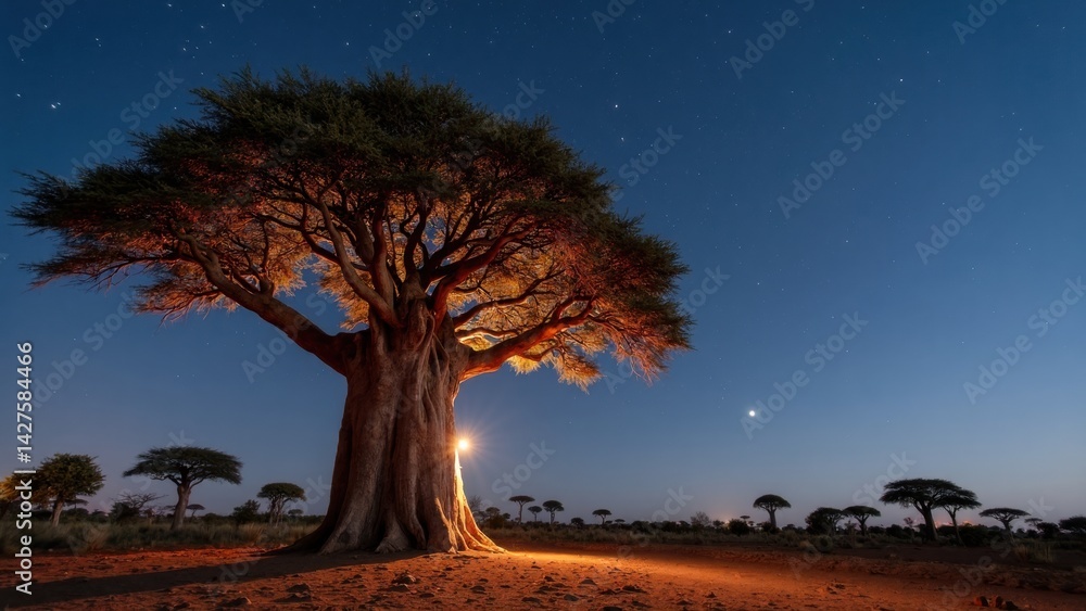 A towering baobab tree stands illuminated by moonlight in the serene African landscape, surrounded by stars that enhance the night calm beauty.