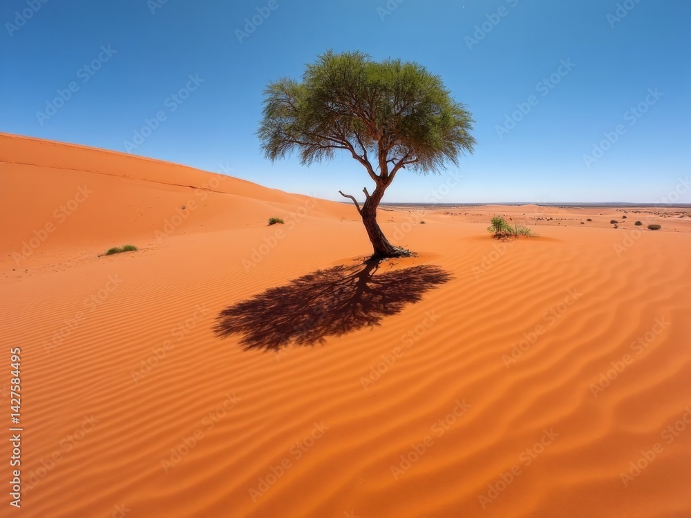 An acacia tree stands alone, creating a long shadow across vibrant red sand dunes in the Namib Desert, with a stunning blue sky above.