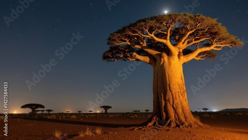 Obraz na płótnie A majestic baobab tree stands prominently in the arid landscape, its massive trunk glowing under the moonlight as stars illuminate the dark sky. w salonie