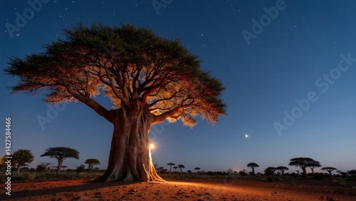 Obraz na płótnie A towering baobab tree stands illuminated by moonlight in the serene African landscape, surrounded by stars that enhance the night calm beauty. w salonie