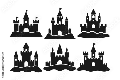 silhouettes of sandcastles vector art, on white background