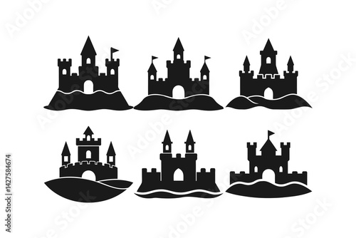 silhouettes of sandcastles vector art, on white background