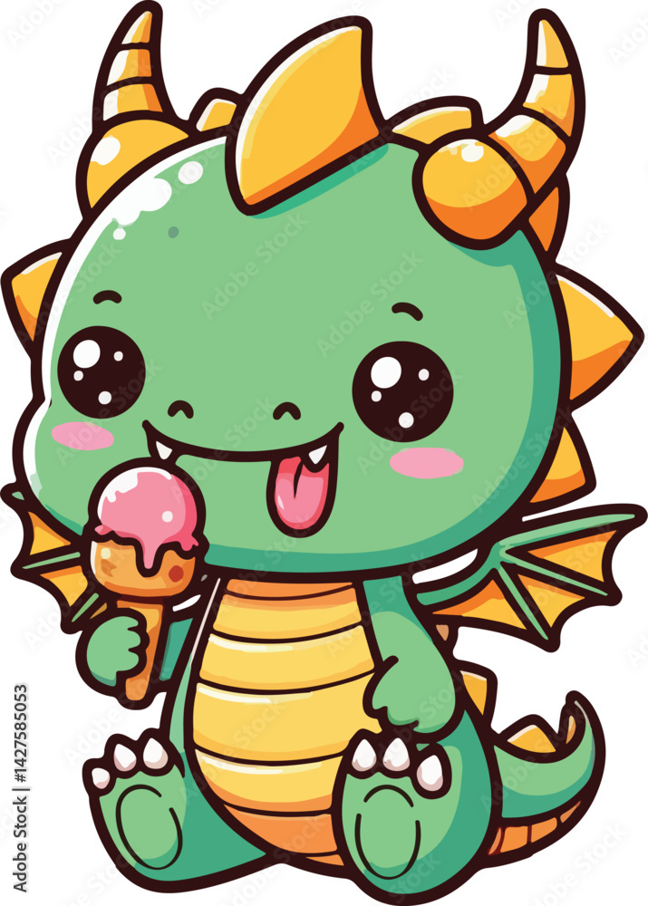 Obraz premium Cute Chibi Dragon Eating Ice Cream Character Cartoon Illustration
