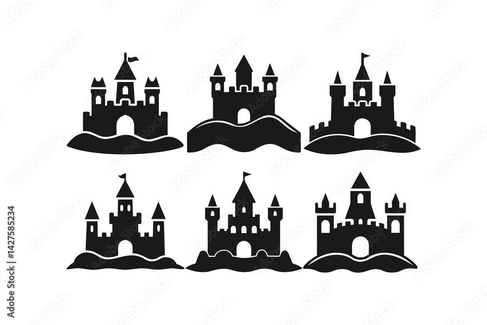 silhouettes of sandcastles vector art, on white background silhouettes of sandcastles vector art, on white background