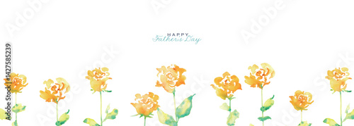 水彩画。水彩タッチの黄色い薔薇イラスト。父の日の黄色い薔薇フレーム。Watercolor painting. Yellow rose illustration with watercolor touch. Father's Day yellow rose frame.