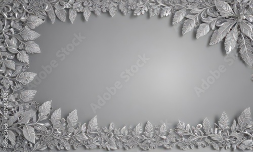 Sparkling silver background, ornate silver lace border with intricate leaf details , wedding, detail
