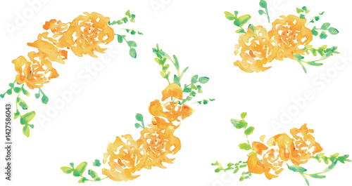 水彩画。水彩タッチの黄色い薔薇イラスト。父の日の黄色い薔薇フレーム。Watercolor painting. Yellow rose illustration with watercolor touch. Father's Day yellow rose frame.