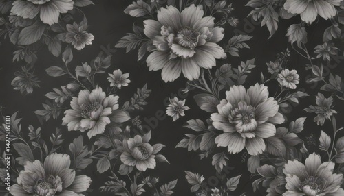 Subtle charcoal floral wallpaper, vintage bloom pattern, illustration, elegant, subtle