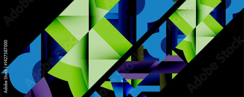 Abstract geometric composition. Vivid blues, greens, purples form fragmented shapes. Diagonal black stripe bisects design, creating dynamic visual tension. Modern aesthetic.