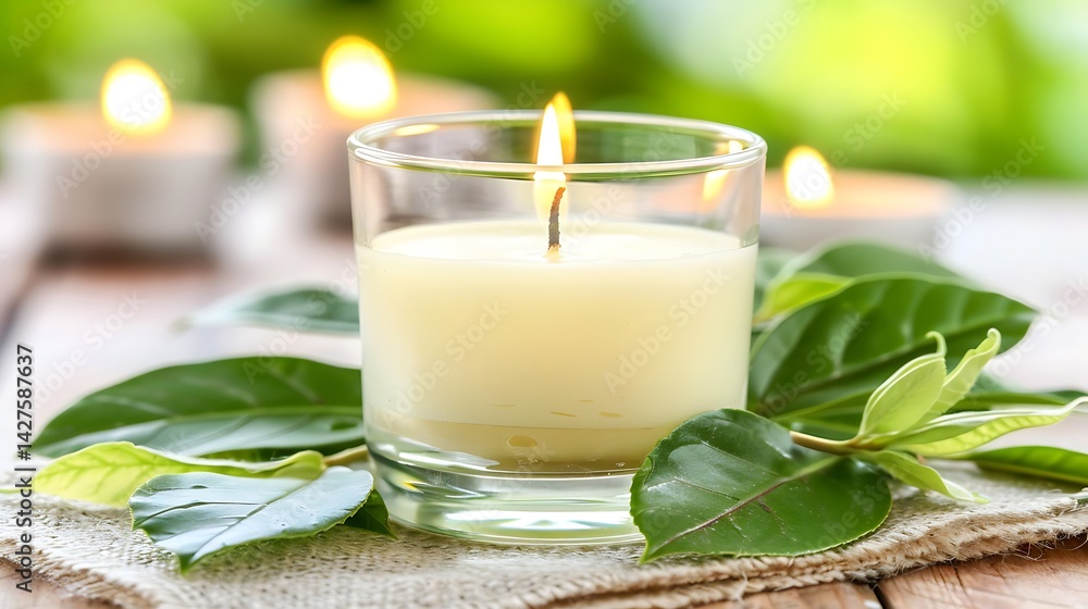 Aromatic ambiance of relaxation: lit candle surrounded by lush green foliage Aromatic ambiance of relaxation: lit candle surrounded by lush green foliage