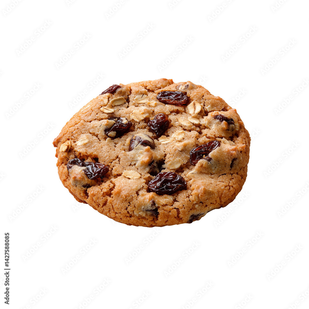 A golden-brown cookie with oats and raisins, featuring a chewy texture and a homemade appearance. A golden-brown cookie with oats and raisins, featuring a chewy texture and a homemade appearance.