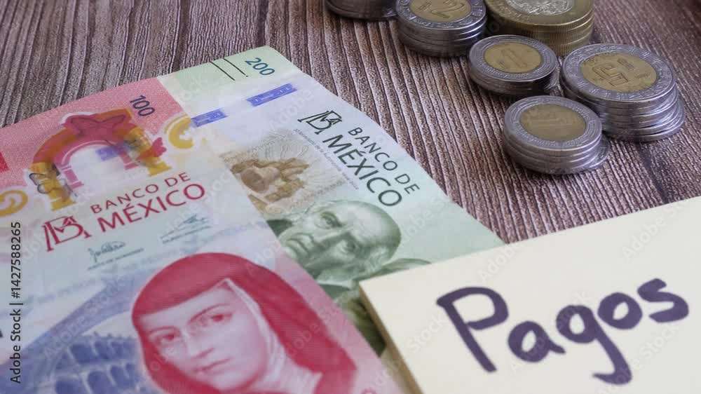 Primer plano de un escritorio con una nota adhesiva que contiene un mensaje que dice pagos y billetes de 200 y 100 pesos cerca de monedas afiladas y una calculadora.