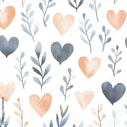 Delicate hearts and branches, soft pastel colors, repeating pattern