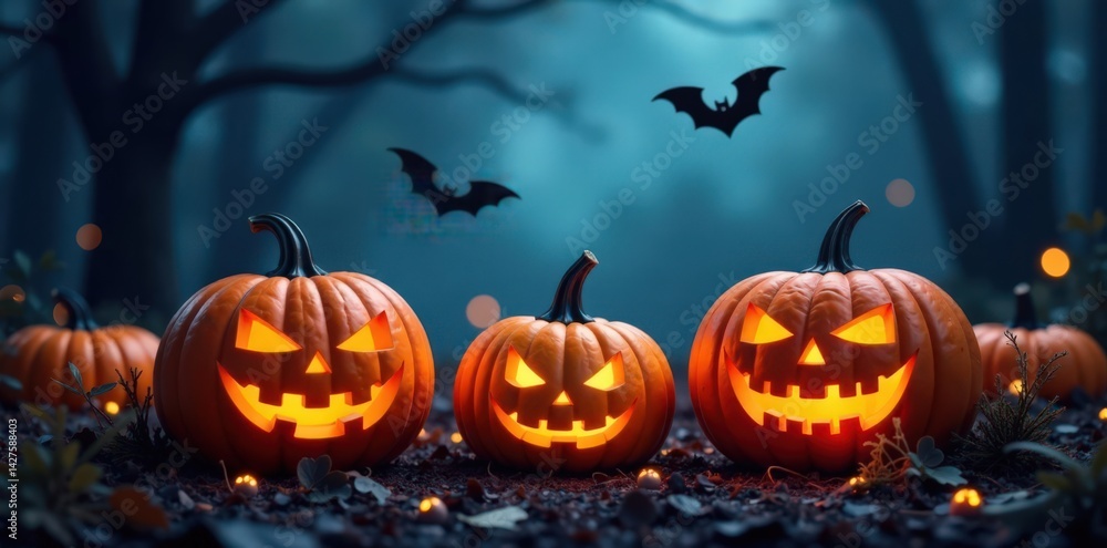 Spooky pumpkins with bats flying overhead, sky, ghost, dark Spooky pumpkins with bats flying overhead, sky, ghost, dark