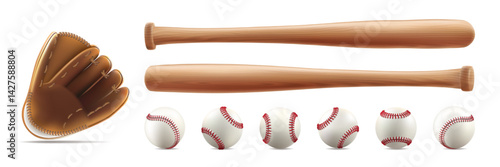 Bat, ball and glove baseball clipart. 3d player equipment vector set. Vintage isolated team logo mockup. Wooden steel stick, white softball, leather mitt base element texture. Pitcher sweepstakes tool