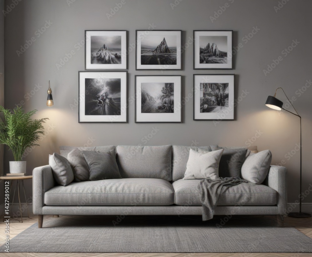 Stylish grey sofa, art print gallery wall, comfy pillows, prints, stylish Stylish grey sofa, art print gallery wall, comfy pillows, prints, stylish