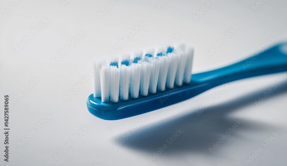 Close-up of a blue toothbrush head with white bristles Close-up of a blue toothbrush head with white bristles