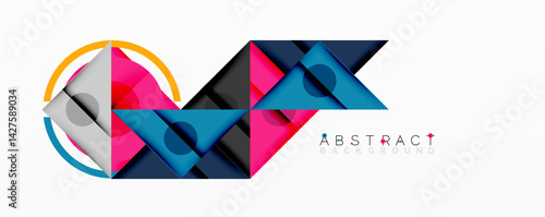 Geometric shapes create dynamic composition. Vivid colors, layered design, modern aesthetic. Abstract background suggests innovation, technology, visual appeal. Clean lines, sharp angles define struct