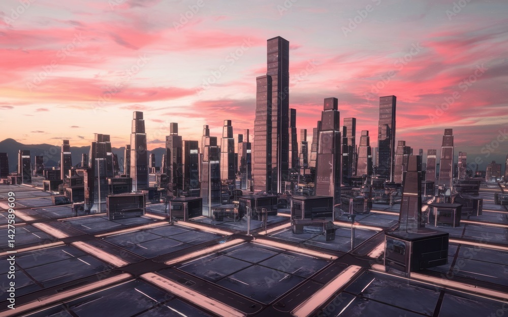 Fototapeta premium A futuristic cityscape with towering skyscrapers against a vibrant pink and purple sunset sky. Urban structures reflect modern architecture.