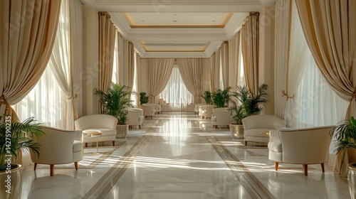 Elegant Hotel Lobby Interior Design: Sunlit Grand Hallway with Luxurious Cream Furnishings and Floor