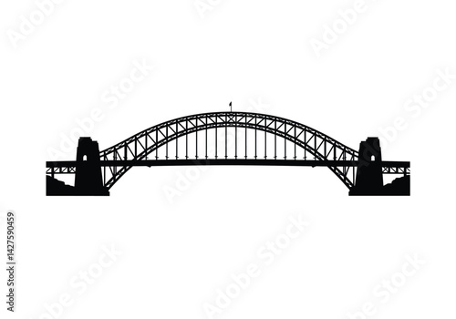 Harbour bridge silhouette. The image shows a black silhouette of the Sydney Harbour Bridge, an iconic steel arch bridge in Sydney, Australia. Vector clipart illustration design.