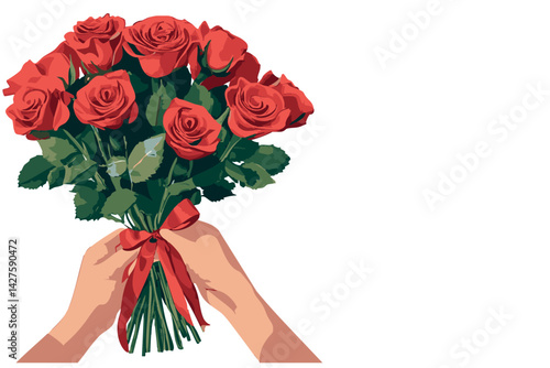 vector woman holding a bouquet of red roses