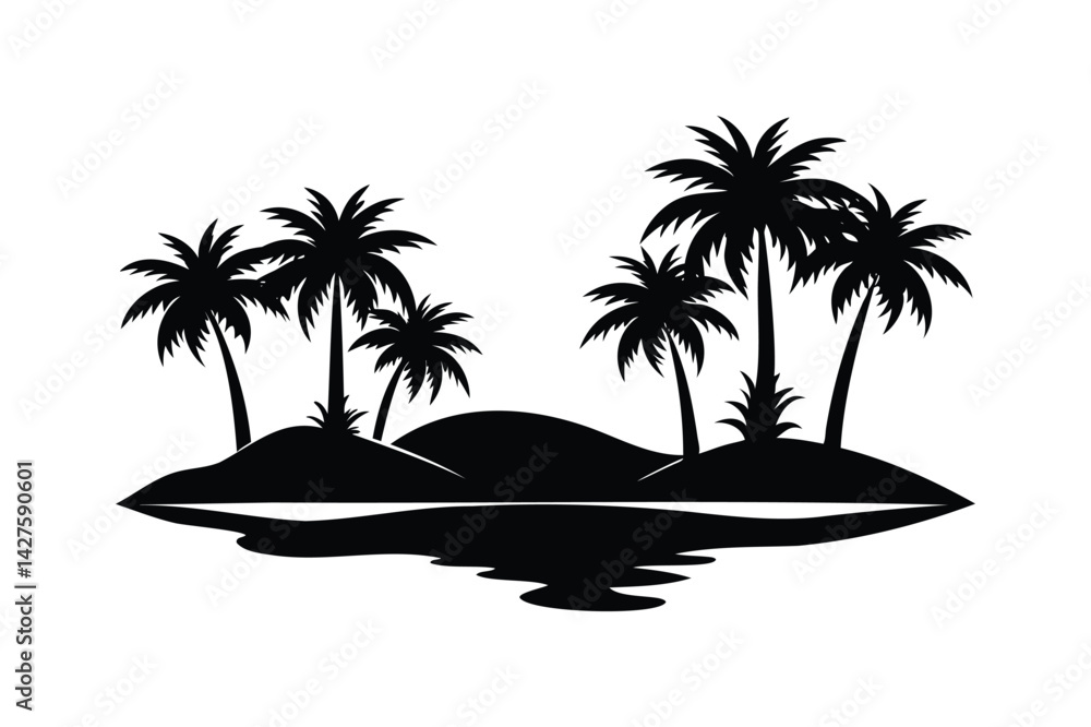 Fototapeta premium A desert oasis with palm trees silhouette