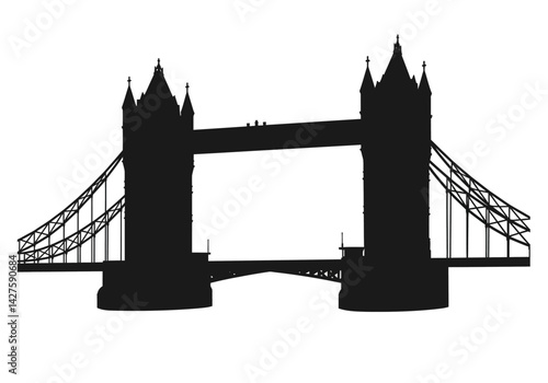 Tower bridge silhouette. This image shows the iconic Tower Bridge in London, depicted as a black silhouette with its twin towers and suspension elements. Vector clipart illustration design.