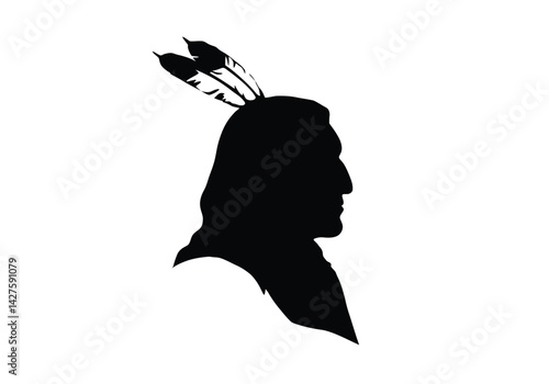 Sitting bull silhouette. This image shows a black silhouette of a Native American chief, Sitting Bull, with feathers in the headdress, in profile view. Vector clipart illustration design.