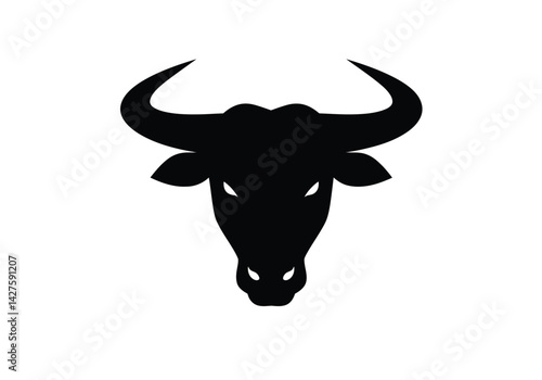 Bull face silhouette. This image shows a black silhouette of a bull's head with prominent horns and a strong, fierce appearance. Vector clipart illustration design.