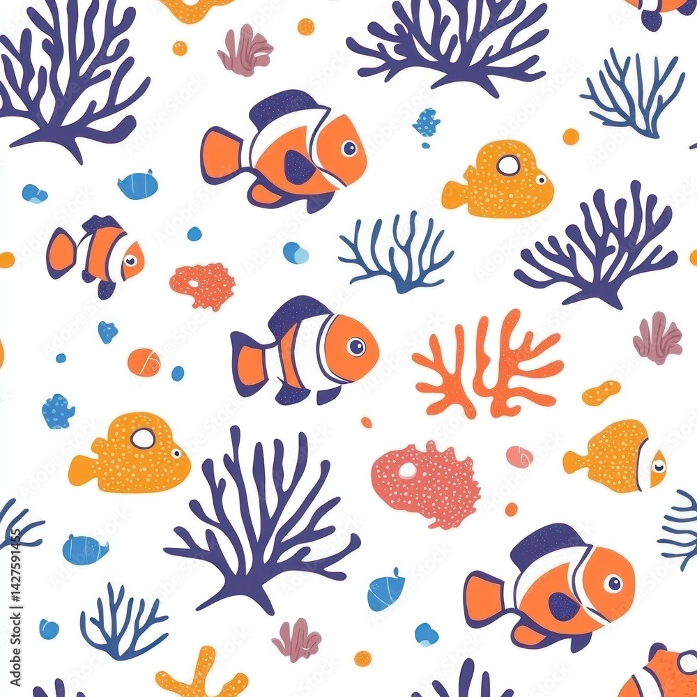 Ocean themed repeating pattern featuring colorful fish and coral reefs Ocean themed repeating pattern featuring colorful fish and coral reefs