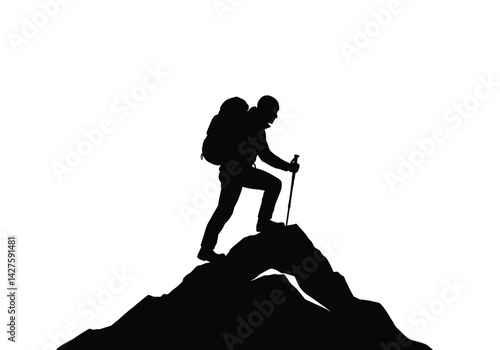 mountaineering silhouette. This image shows a climber with a backpack and trekking pole ascending a rocky peak, representing adventure and outdoor exploration. Vector clipart illustration design.