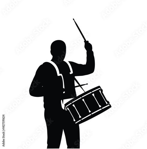 Snare drummer silhouette. This image shows a silhouette of a person playing a snare drum, also known as a drummer or percussionist. Vector clipart illustration design.