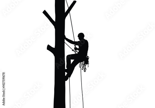 tree climber silhouette. This image shows a black silhouette of a person climbing a tree, symbolizing adventure, agility, and outdoor exploration. Vector clipart illustration design.