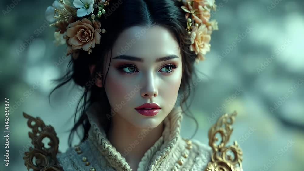 A captivating portrait of a young woman adorned with flowers, embodying ethereal beauty and fairytale charm A captivating portrait of a young woman adorned with flowers, embodying ethereal beauty and fairytale charm