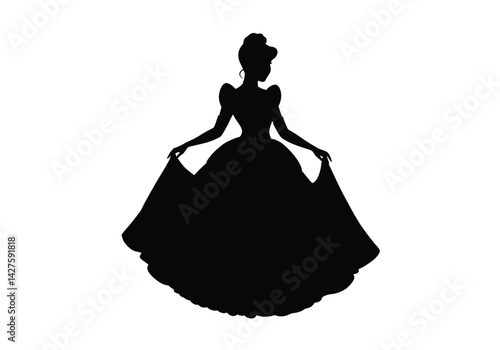 cinderella silhouette. This image shows a silhouette of Cinderella in a ball gown, representing elegance and fantasy. Vector clipart illustration design.