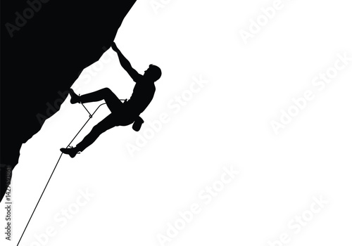 climber silhouette. This image shows a person rock climbing, silhouetted against a white background, emphasizing the climber's form and the steep cliff. Vector clipart illustration design.