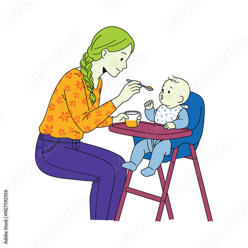 Vector illustration of a mother feeding her baby with a spoon while the baby sits in a high chair. Hand-drawn cartoon style with soft colors, perfect for parenting topics, baby care, nutrition content