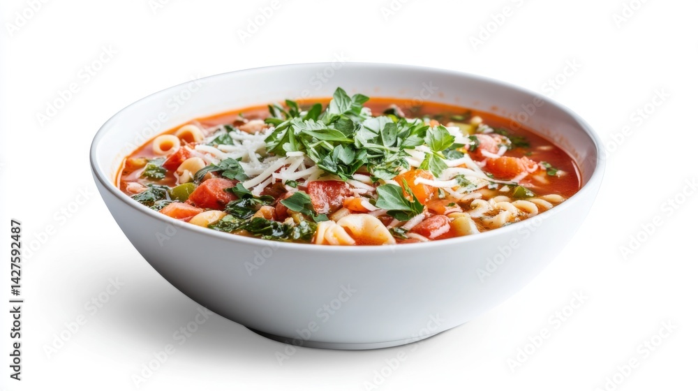 A bowl of Italian minestrone soup with vegetables and pasta, garnished with fresh herbs, presented on a white background to emphasize the vibrant colors and hearty texture. A bowl of Italian minestrone soup with vegetables and pasta, garnished with fresh herbs, presented on a white background to emphasize the vibrant colors and hearty texture.