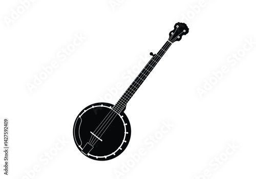 Banjo silhouette. This image shows a black silhouette of a banjo, a traditional stringed musical instrument with a circular body and long neck. Vector clipart illustration design.