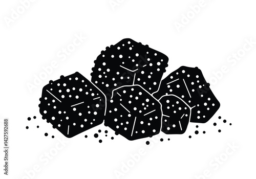 Sugar silhouette. This image shows a black silhouette of sugar granules and cubes, also referred to as crystals or grains, in a minimalistic style. Vector clipart illustration design.